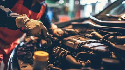 Fotobehang mechanic is doing the annual car inspection. Car repair shop is ready to serve. Car mechanic inspects car engine problems technical inspection engine safety Maintenance Changing the engine oil © Polpimol