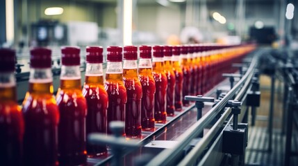 product bottles fruit juice on the conveyor belt in the beverage factory, industrial, manufacture, production, line, plant, technology, juice, machine, machinery, equipment, automated