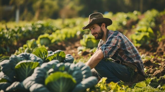 man farmer with fresh vegetables, cabbage harvest, natural selection, organic, harvest season, agricultural business owner, young smart framing, healthy lifestyle, farm and garden direct, non toxic