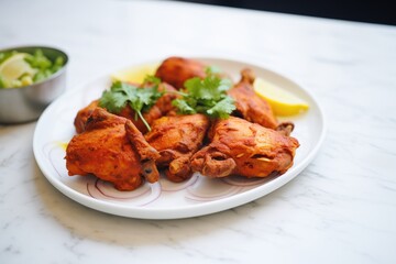 Fototapeta premium uncooked tandoori chicken thighs on a white plate