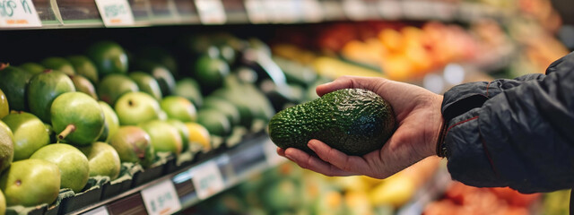 male hand picks ripe hass avocado fruit on avocado background in supermarket - obrazy, fototapety, plakaty