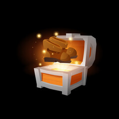 Boots fly out of the chest, game design element, cartoon style vector