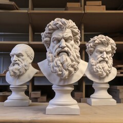 Obraz premium three busturines of men with beards on a table