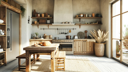Home mockup, nomadic boho kitchen interior with rustic decor. Generative Ai