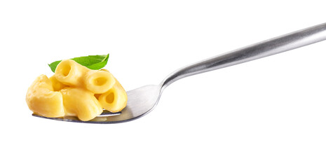 Fork with creamy macaroni and cheese isolated on white background. Mac and cheese. With clipping path.