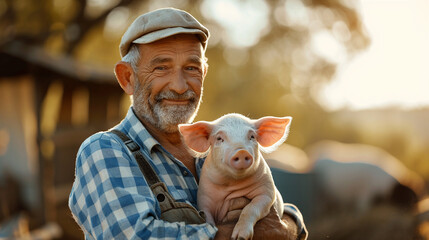 the farmer holds a little pig in his hands.