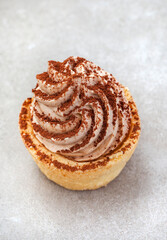Single bite size tiramisu tartlet on mottled grey with selective focus and copy space
