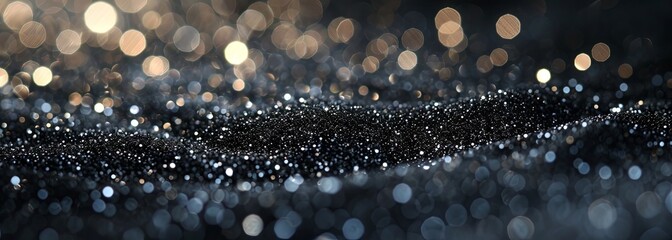 Abstract shiny black glitter background. Wide horizontal background