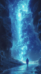 Obraz premium Man walking in cloudy space tunnel. AI Generative