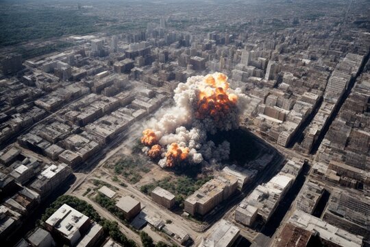 A dramatic and chaotic scene as a large explosion rocks the city from above.