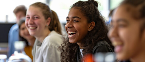 Fototapeta premium Joyful students share a laugh in a classroom setting, showcasing diversity and the happiness of youth in an educational environment