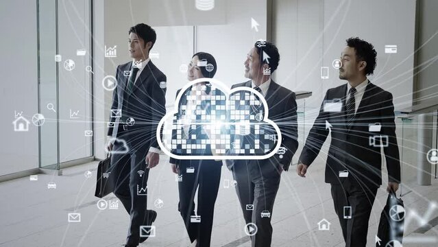 ロビーを歩くビジネスパーソンのグループとクラウドイメージ