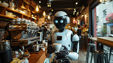 Robot barista in the local cafe, generative ai 
