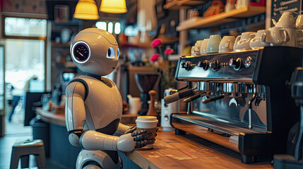 Robot barista in the local cafe, generative ai  - obrazy, fototapety, plakaty