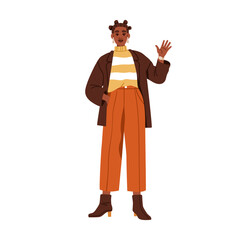 Black woman in modern apparel, greeting, waving hi gesture with hand. Smiling African-American girl in fashion clothes, outfit in trendy style. Flat vector illustration isolated on white background