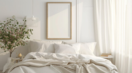 Mockup frame in bedroom interior background, room in light pastel colors. Generative Ai