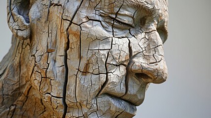 Portrait of a man carved from wood. Wooden sculpture of a man with many age cracks in the wood