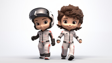 Boy and girl with race suit and helmet in white background 3D Cartoon