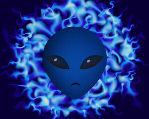 Alien blue face on background with fire.