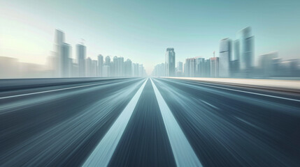 Moving forward at high speed blurred and empty road with cityscape background. 