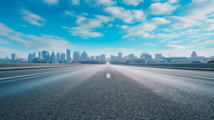Fototapeta premium Empty urban asphalt road exterior with city buildings background. 
