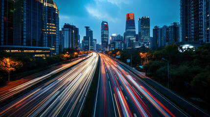 Fototapeta na wymiar Blurred urban traffic road with cityscape in background China