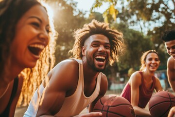 A group of friends engaged in a friendly game of basketball at an outdoor court, combining sport and celebration on a birthday. - obrazy, fototapety, plakaty