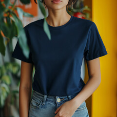 Navy Blue T-shirt Mockup, Woman, Girl, Female, Model, Wearing a Dark Blue Tee Shirt and Blue Jeans, Oversized Blank Shirt Template, Standing in a Room with Plants, Close-up View