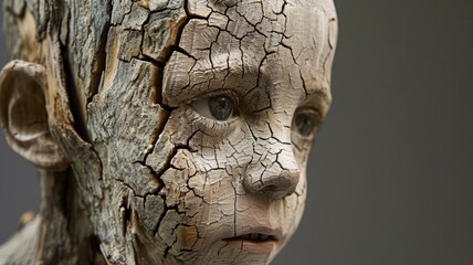 Portrait of a young boy carved from wood. Wooden sculpture of a man with many age cracks in the wood