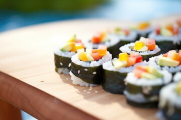 close-up of veggie sushi with soy sauce