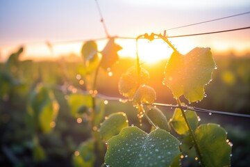 sunrise over rows of grapevines with dewdrops