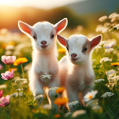 Two little funny baby goats playing in the field with flowers. Farm animals. Two little goat babies in summer. goats. Capra aegagrus hircus. Cute Animals. Cute Babies.