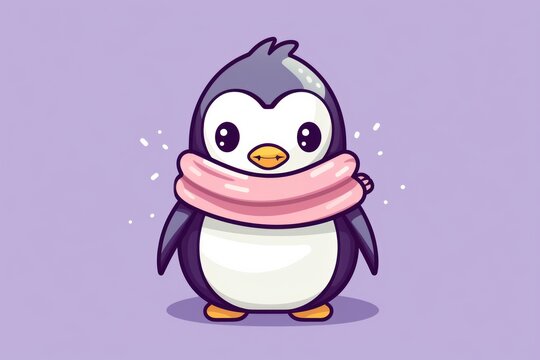  a penguin with a pink scarf around it's neck and a black and white penguin with a pink scarf around its neck.