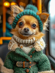 Beautiful dog dressed in knitted woolen clothes generative ai