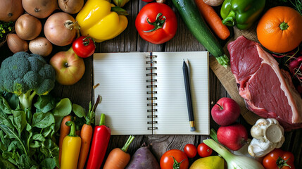 diet concept, weight loss plan notebook with vegetables top view mockup