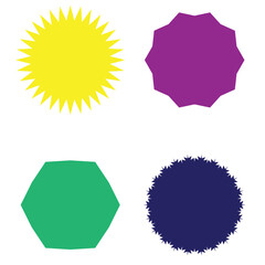 Set of vector starburst, sunburst badges. Different color. Simple flat style Vintage labels. Colored stickers