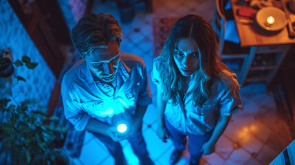 Detective man and woman at the crime scene, investigating