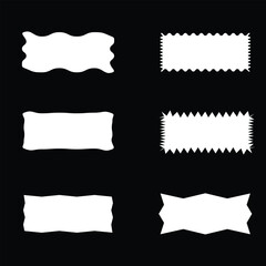 Wavy edge rectangular button icon set. A group of 6 rectangle symbols with jagged edges. Isolated on a Black background.