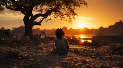 A homeless child sitting under a tree, enjoying the sunset