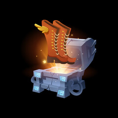 Open treasure chest with glowing boots, realistic vector illustration isolated.
