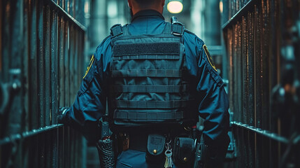 The policeman in the corridor of the prison cell - obrazy, fototapety, plakaty