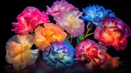  a bunch of colorful flowers in a vase on a black background with a reflection of the flowers in the vase.