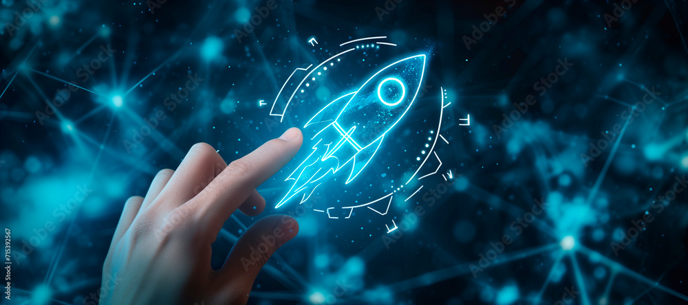 Poster a hand touching a rocket. how to improve web search engine ranking?, in the style of a futuristic sp