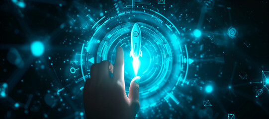 a hand touching a rocket. How to improve web search engine ranking?, in the style of a futuristic spaceship design. online connectivity concept. business positioning. web industry leader - obrazy, fototapety, plakaty