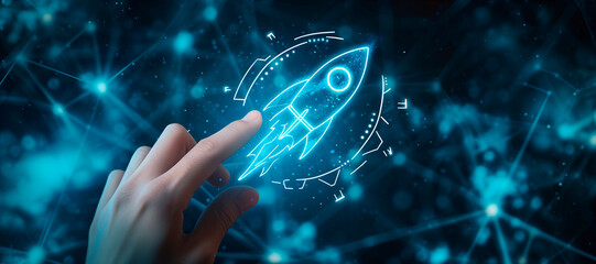a hand touching a rocket. How to improve web search engine ranking?, in the style of a futuristic spaceship design. online connectivity concept. business positioning. web industry leader
