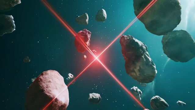 A cluster of asteroids drifting in space intersected by laser beams.
