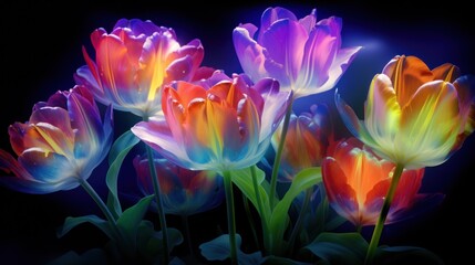  a group of multicolored tulips on a black background with a blue light in the middle of the picture.