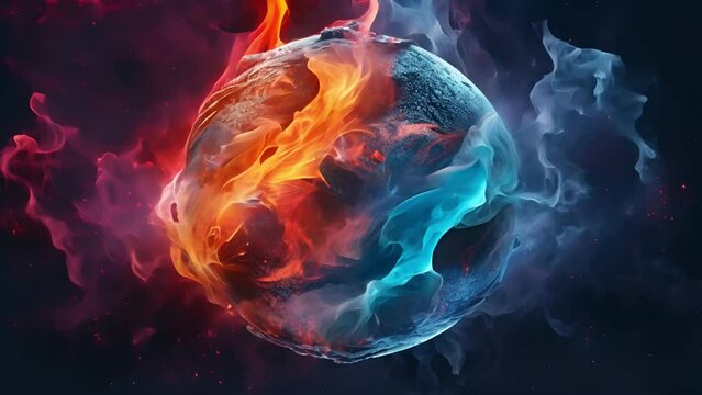 Glowing energy effect ying-yang. Futuristic glowing fire and ice 3d sphere ball of glowing orange and blue particles. Neon sphere in the Universe. Abstract technology, science and artificial intellige