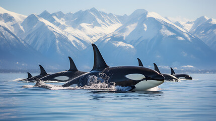 Fototapeta premium A pod of orcas swimming in icy waters, with snow-covered mountains in the distance as the background, during a rare sighting