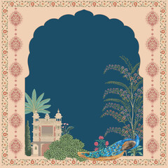 Traditional Mughal night garden arch, plant, peacock illustration for invitation. Vector printable design